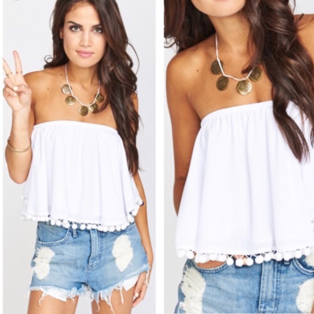 Show Me Your MuMu Pom Pom strapless crop top